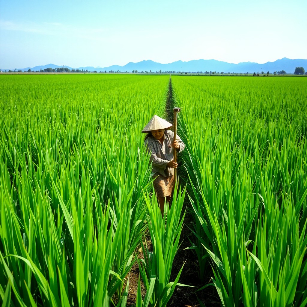 A picturesque scene of a fully grown rice field, showcasing vibrant green rice plants swaying gently in the breeze
