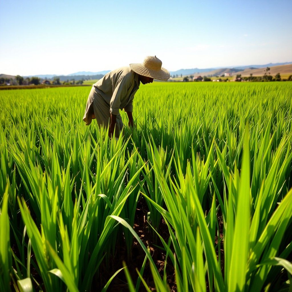 A fully grown rice field under a clear blue sky, with vibrant green rice plants swaying gently in the breeze