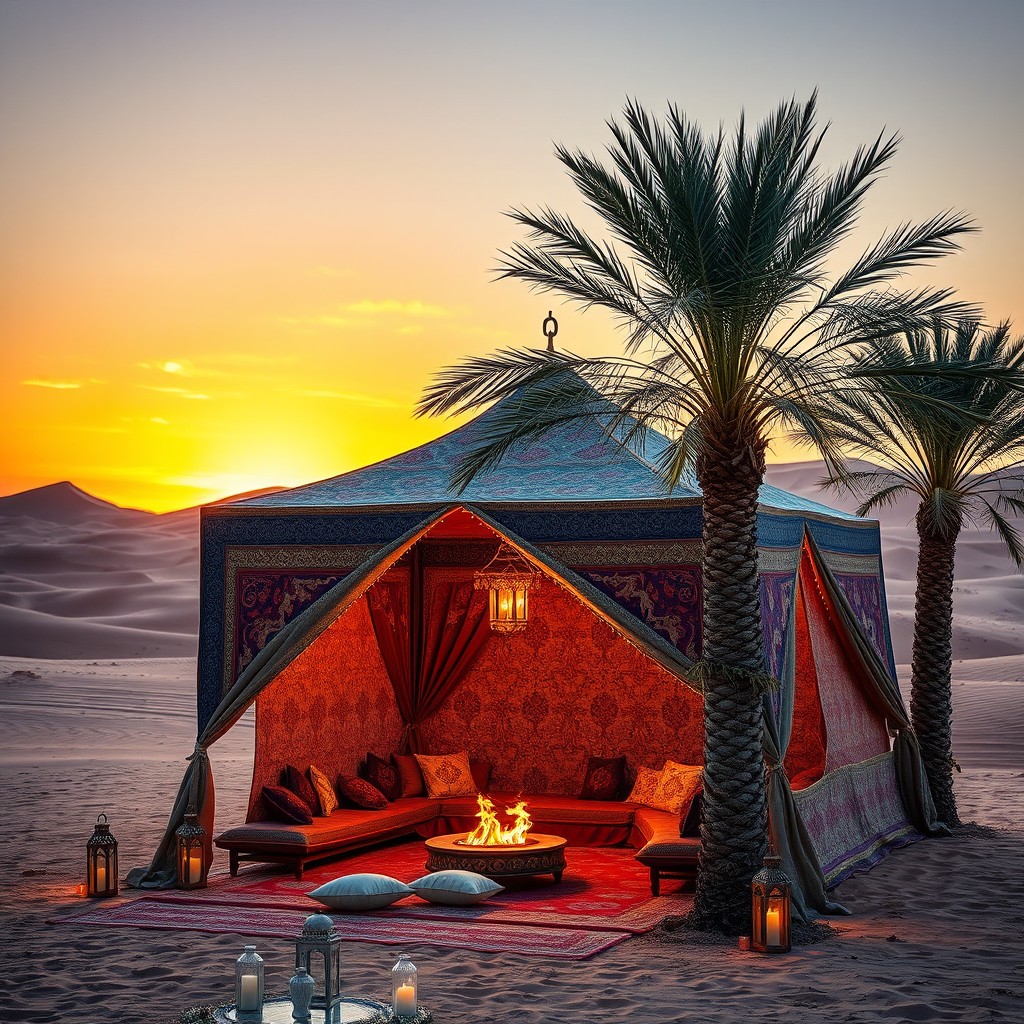 A beautifully decorated Arabian tent set in a picturesque desert landscape, featuring intricate fabric patterns, vibrant colors, and elegant cushions scattered around