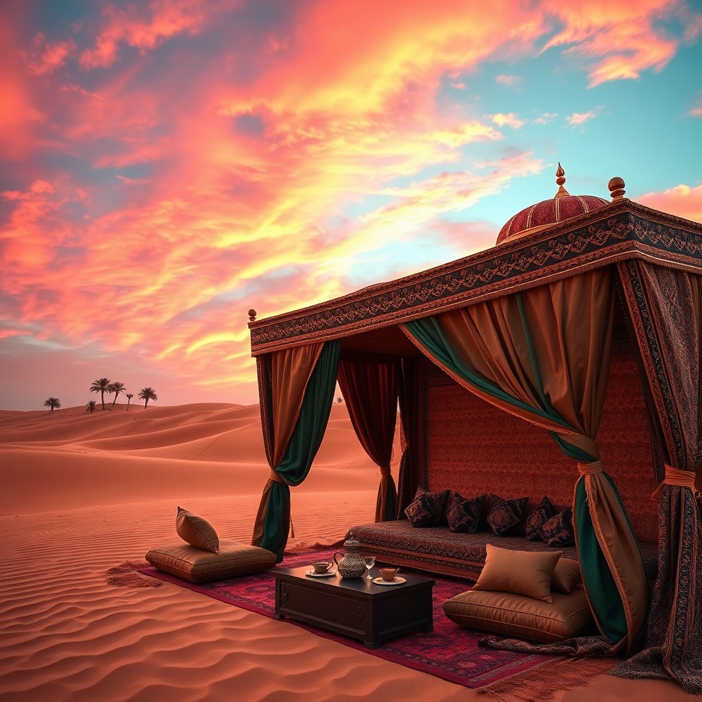 A beautifully ornate Arabian tent set in a serene desert landscape at sunset