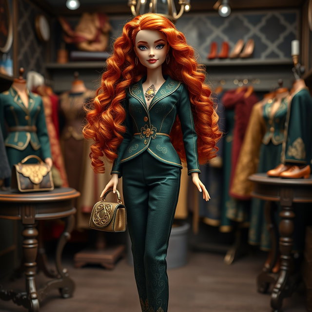 A stunning Barbie doll inspired by Merida, boasting long, curly red hair styled elegantly