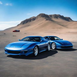 A blue MK4 Toyota Supra and a black Ferrari F40, both iconic sports cars of their era, dramatically situated on the stark lunar landscape under an ethereal blue sky