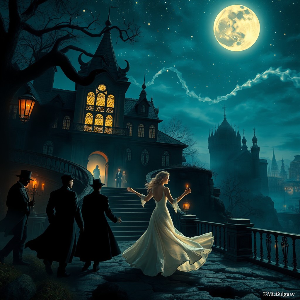 A surreal, imaginative scene inspired by 'The Master and Margarita' by Mikhail Bulgakov