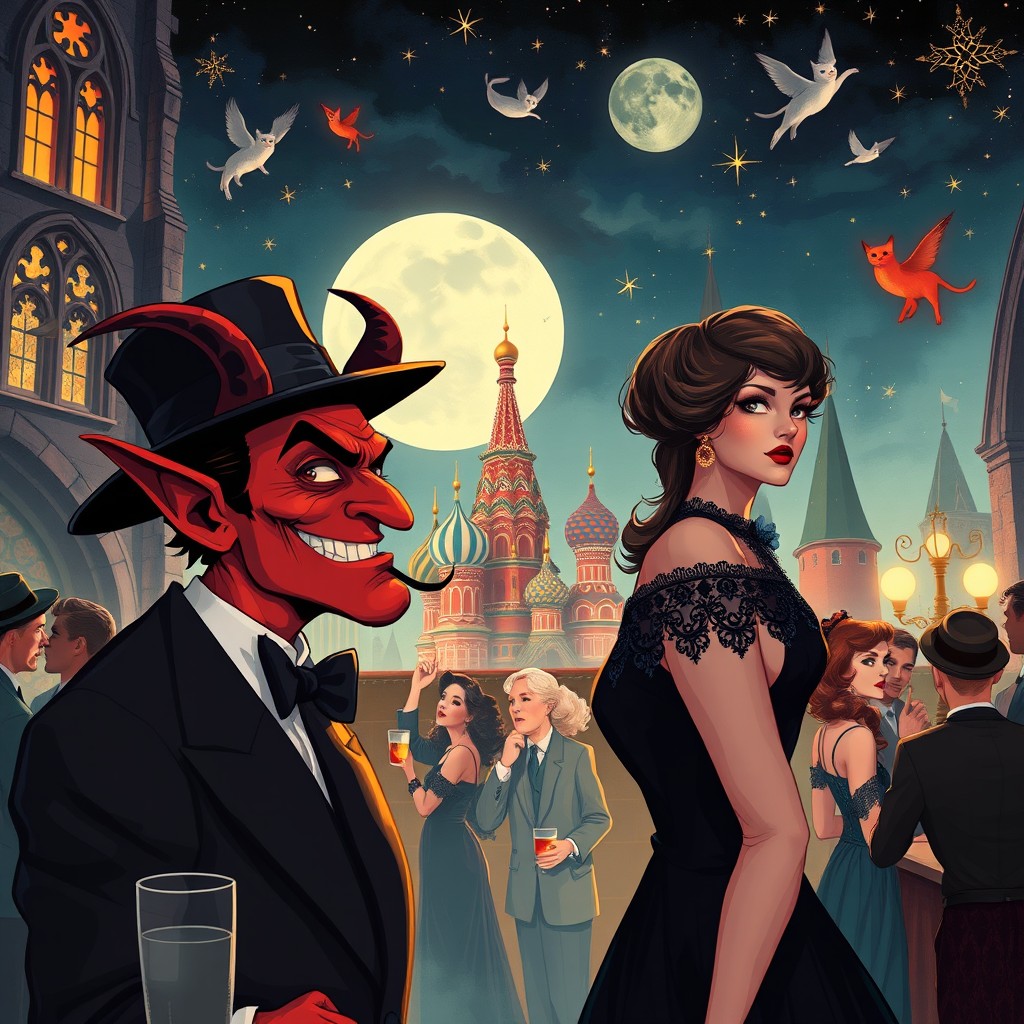 A beautifully illustrated scene inspired by Mikhail Bulgakov's 'Master and Margarita', showcasing a mythical, enchanting atmosphere