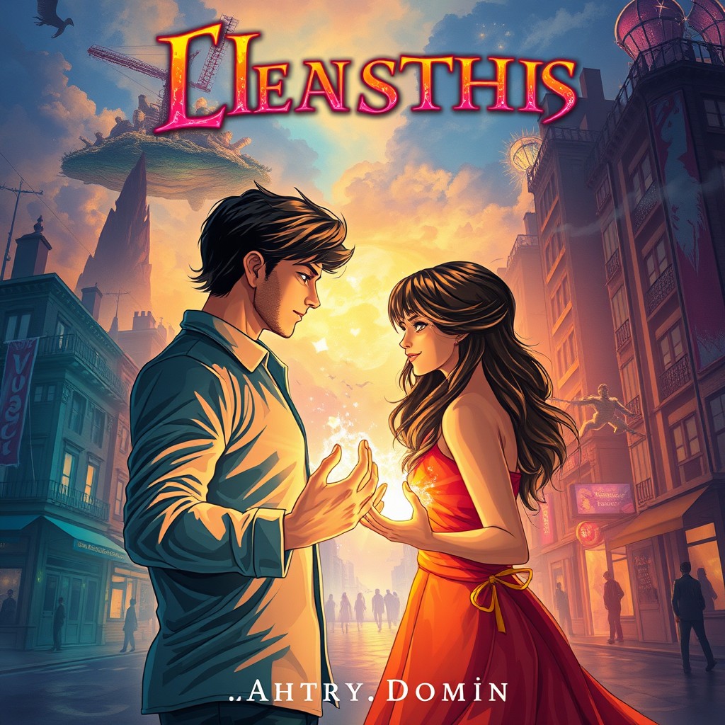 A book cover illustration depicting a vibrant fantasy world where supernatural beings have unique powers