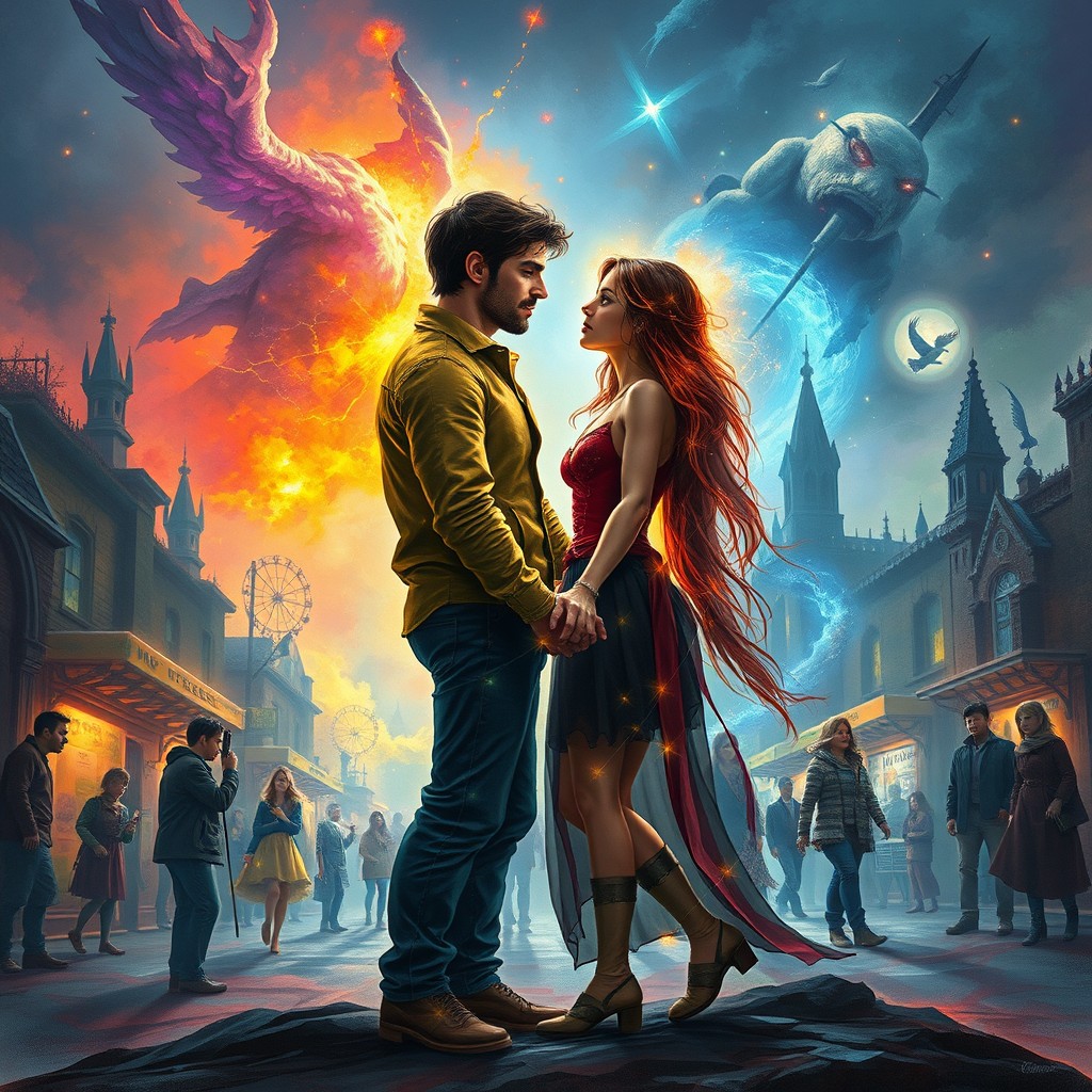 A captivating book cover depicting a vibrant world where supernatural beings coexist with ordinary people