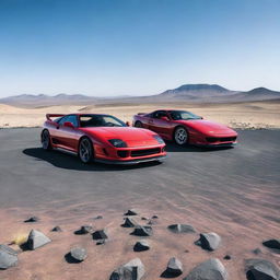 A blue MK4 Toyota Supra and a black Ferrari F40, both iconic sports cars of their era, dramatically situated on the stark lunar landscape under an ethereal blue sky