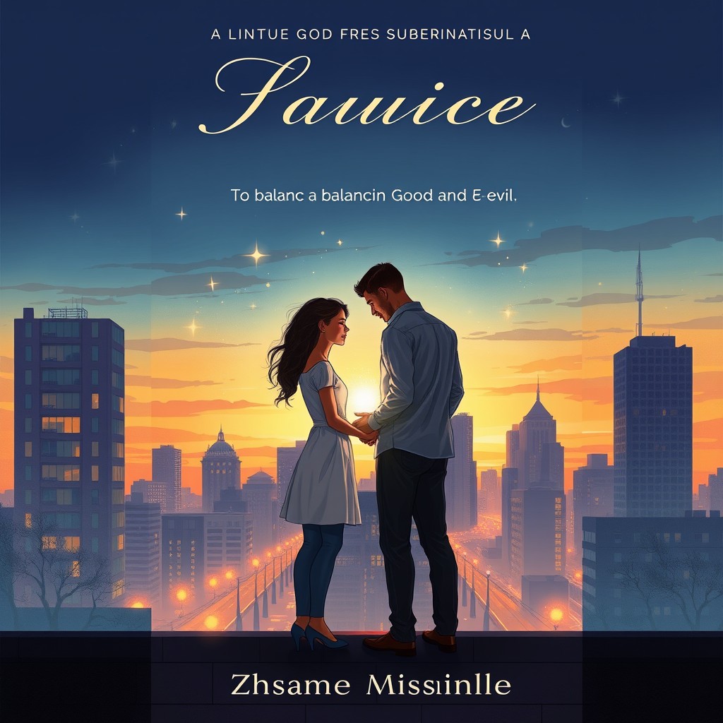 A book cover illustration featuring a romantic couple in a modern urban setting with hints of supernatural powers