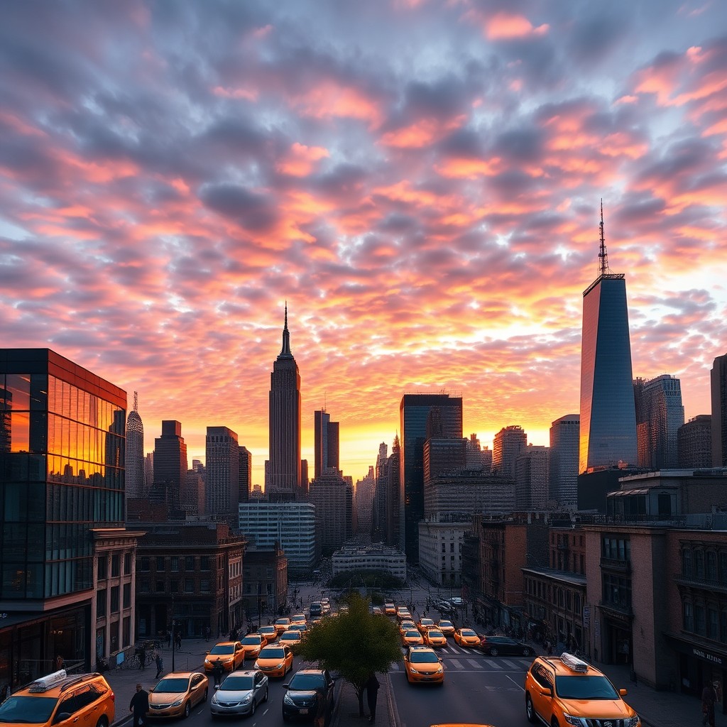 A stunning panoramic view of New York City skyline during sunset, showcasing iconic skyscrapers like the Empire State Building and One World Trade Center