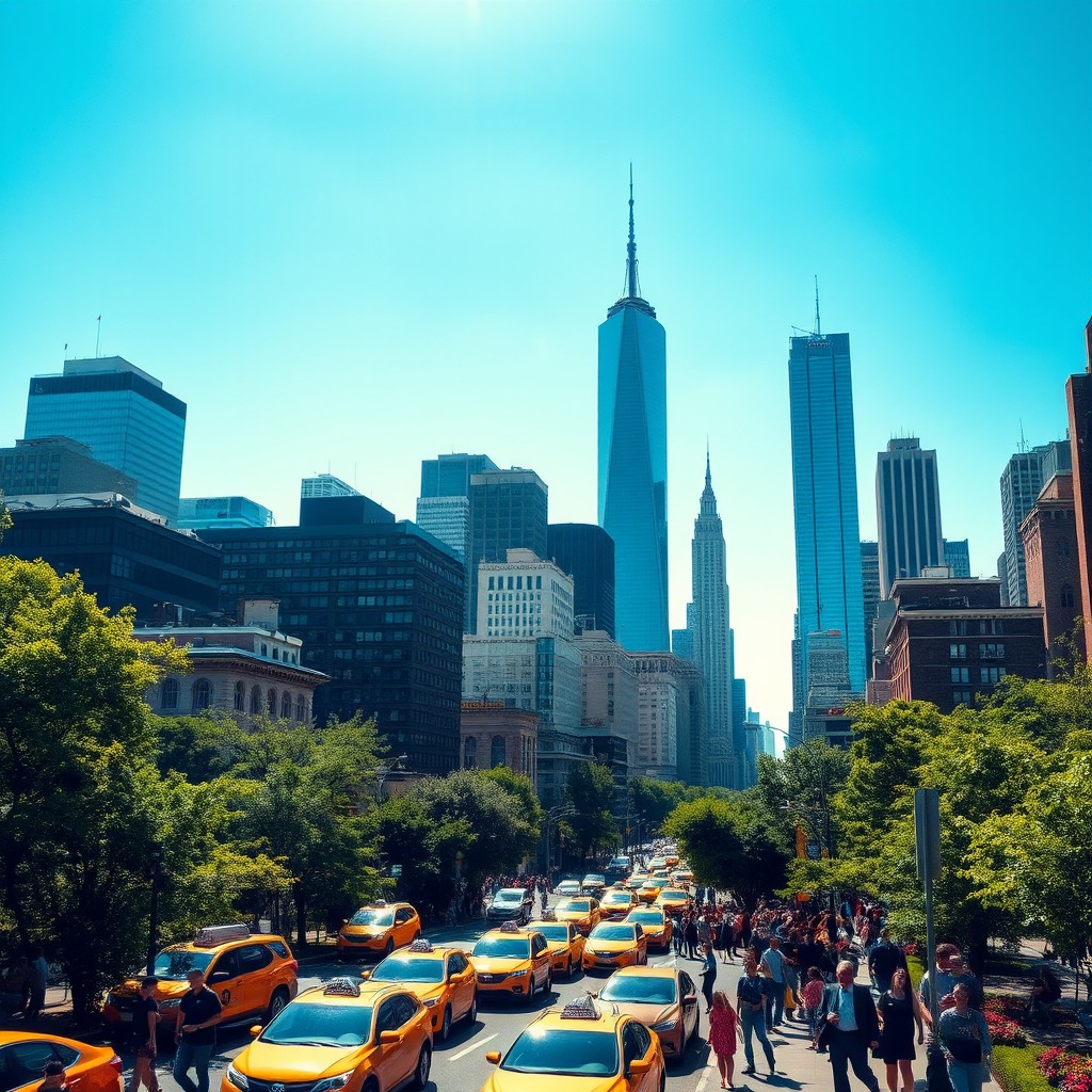 A bright and sunny view of New York City skyline, featuring iconic skyscrapers such as the Empire State Building and One World Trade Center under a clear blue sky