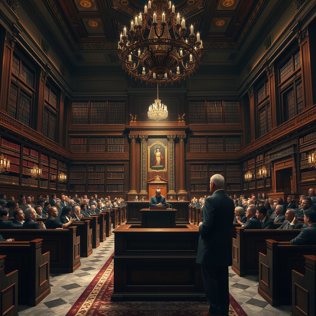 A grand courtroom scene, showcasing a wooden judge's bench, a large intricate chandelier hanging from the ceiling, and an impressive array of legal books lining the walls