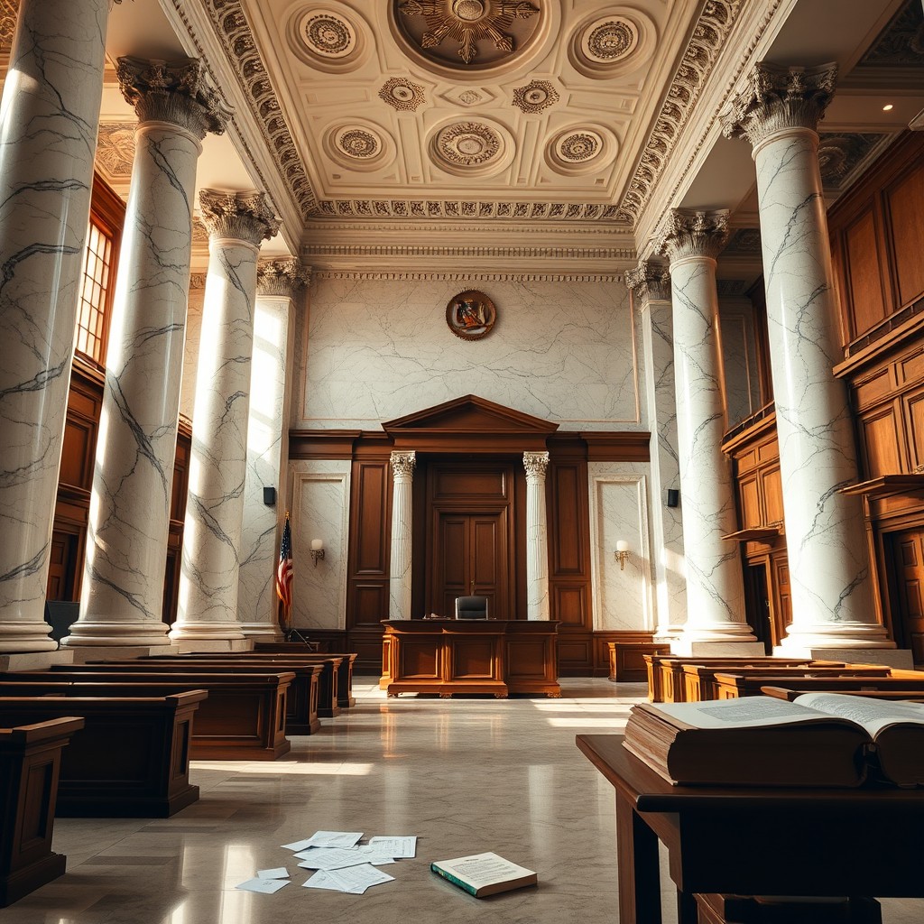 A grand courthouse interior, featuring marble pillars, high ceilings with intricate designs, and large wooden doors