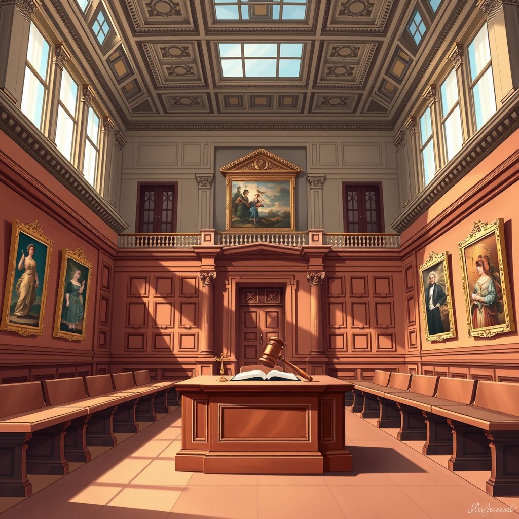 A beautifully detailed illustration of a grand, classical court room with elegant architecture, high ceilings adorned with intricate moldings, and large windows letting in streams of natural light