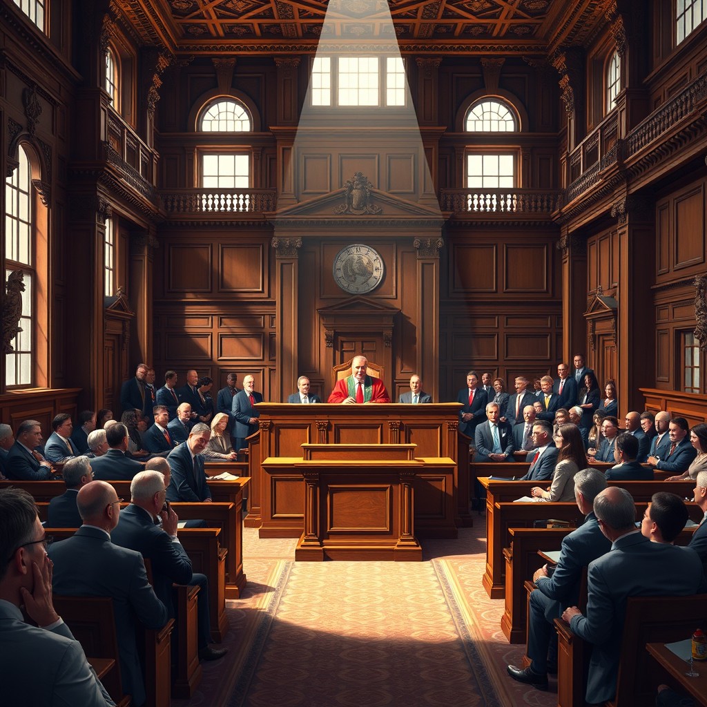 A majestic court scene showcasing an opulent courtroom with grand wooden benches, an imposing judge's bench, and intricate architecture