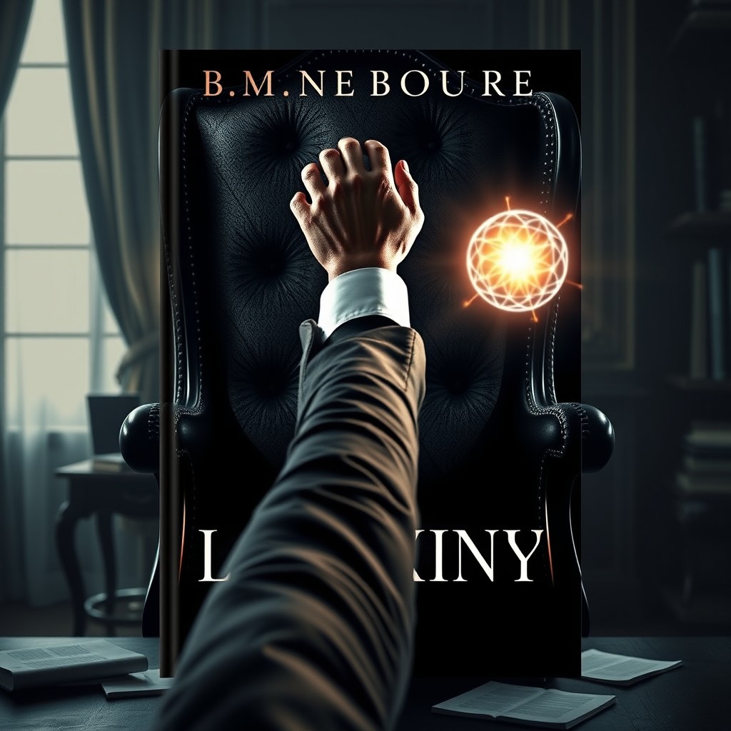An intriguing book cover design featuring a man's arm reaching out from the back of an elegant office chair, holding a glowing ball of energy