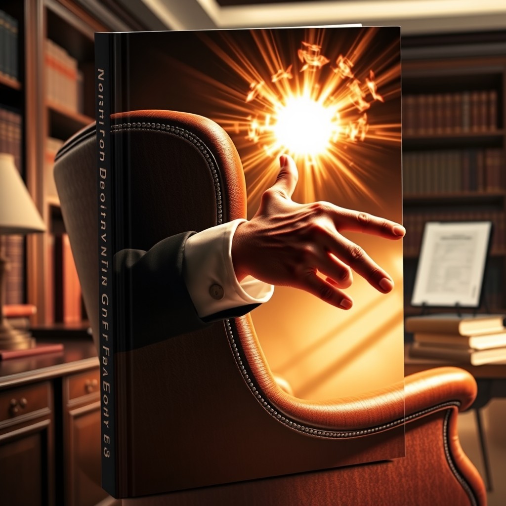 An intriguing book cover design featuring a man's arm extending from the back of an elegant office chair, positioned right next to it, holding a glowing ball of energy