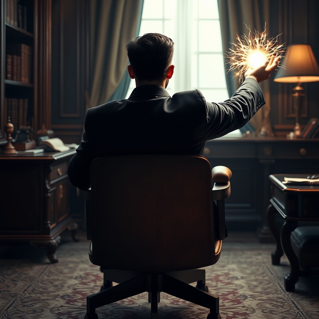 An intriguing book cover design featuring a man seated in an elegant office chair, viewed from the back
