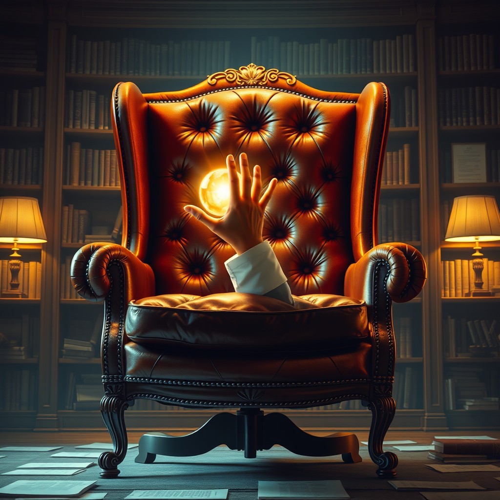 An intriguing book cover design featuring a large, elegant office chair that dominates the scene