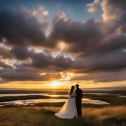 A couple in love sharing a moment in a far-off, idyllic location, framed by a dramatic sunset