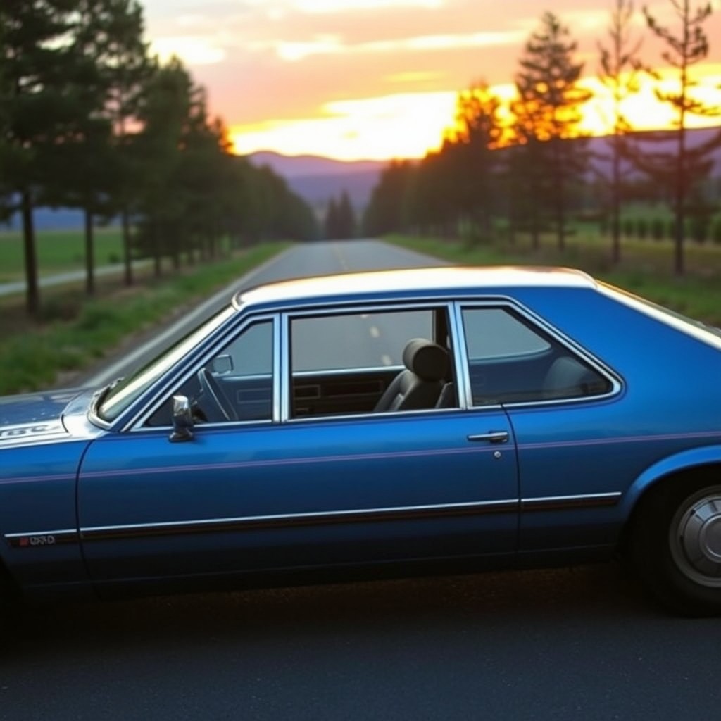A classic Ford Granada from the years 1981-1985, parked on a scenic road with a sunset in the background