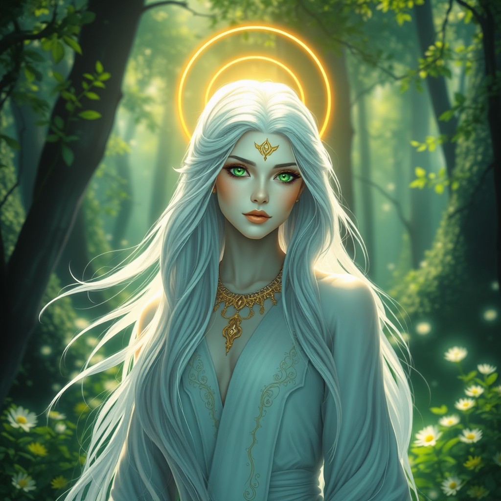 A radiant Aasimar with glowing green eyes, ethereal features, and a celestial aura