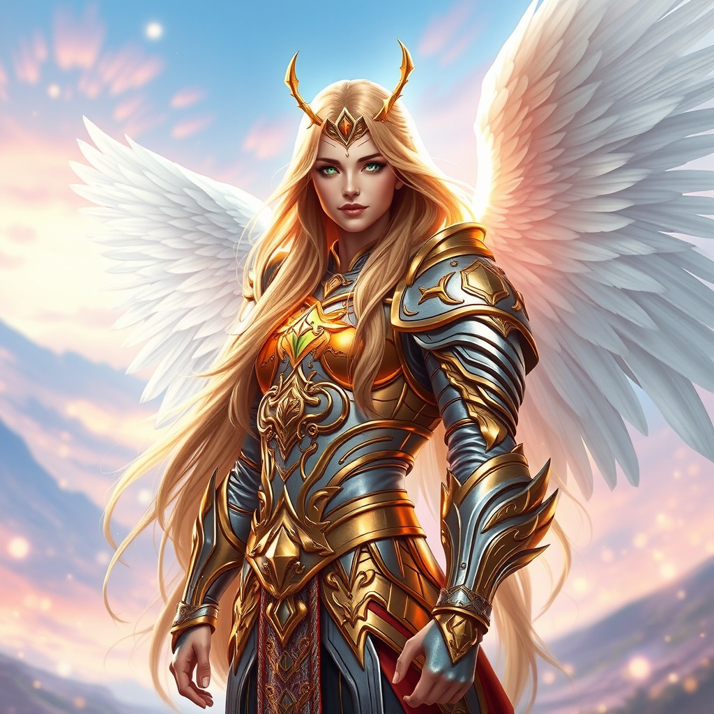 A celestial Aasimar warrior with radiant green eyes, adorned in gold and silver armor that glimmers in the light