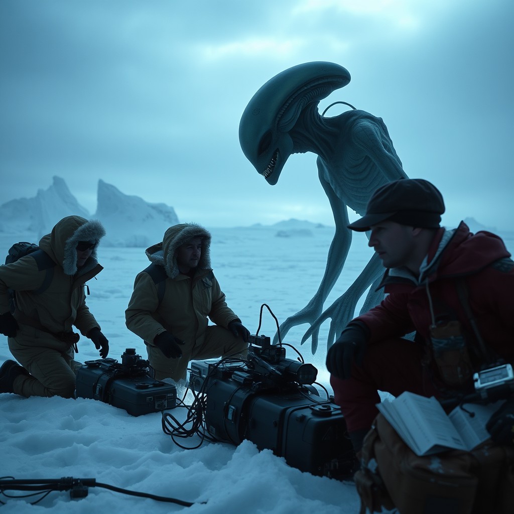 A dramatic scene showing a research team in Antarctica, wearing heavy winter gear, looking terrified as they are hunted by a shape-shifting alien