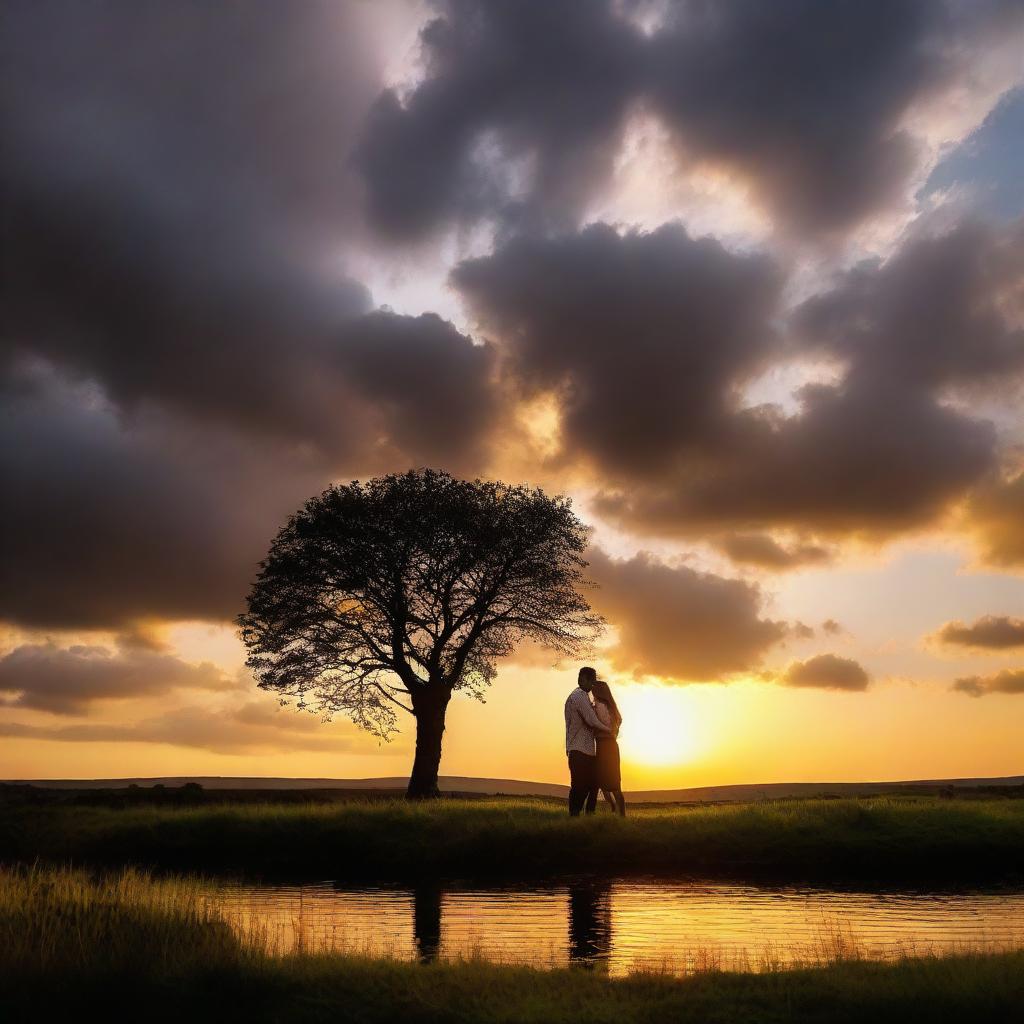 A couple in love sharing a moment in a far-off, idyllic location, framed by a dramatic sunset