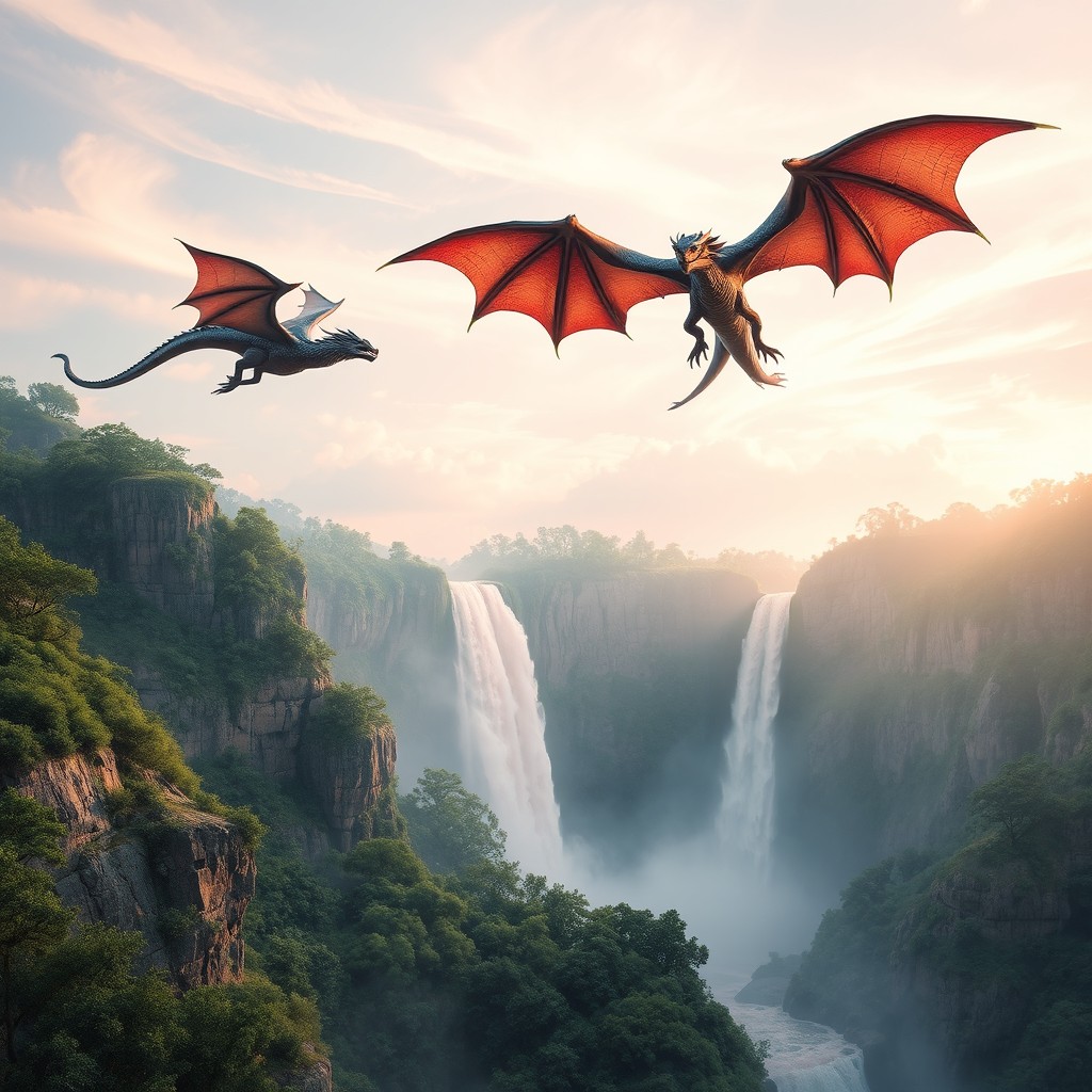 A breathtaking mythical landscape featuring majestic dragons soaring gracefully in the air, their scales glimmering in the sunlight