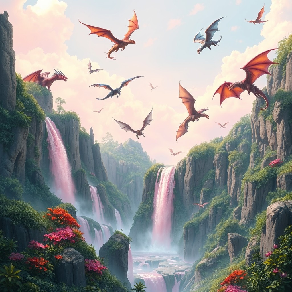 A breathtaking mythical landscape featuring majestic dragons soaring gracefully in the sky