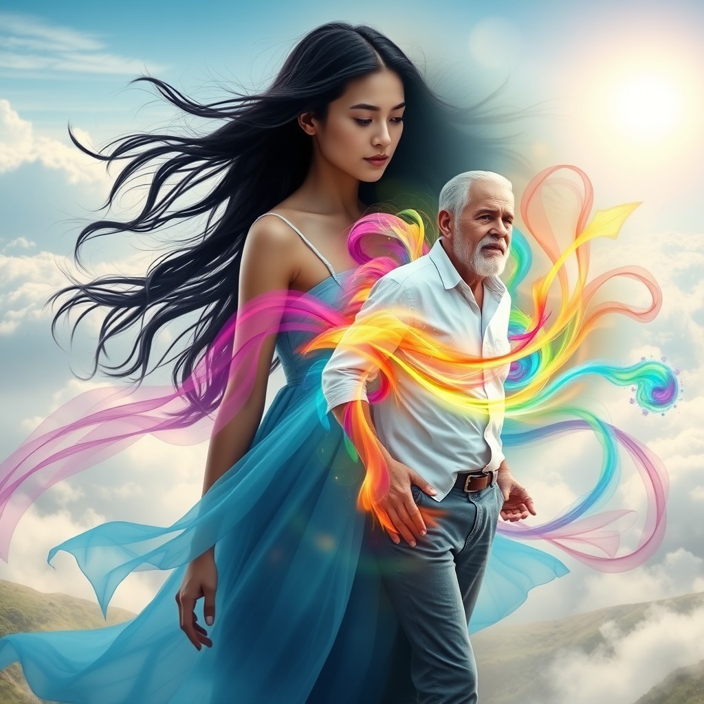 A surreal and visually striking image depicting a person transitioning into another person