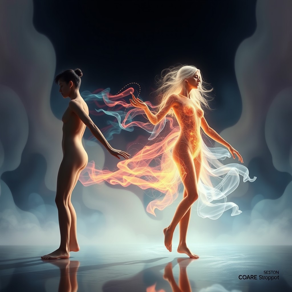 A surreal artistic representation of one person transitioning into another