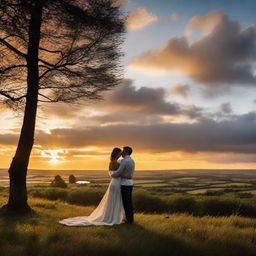 A couple in love sharing a moment in a far-off, idyllic location, framed by a dramatic sunset