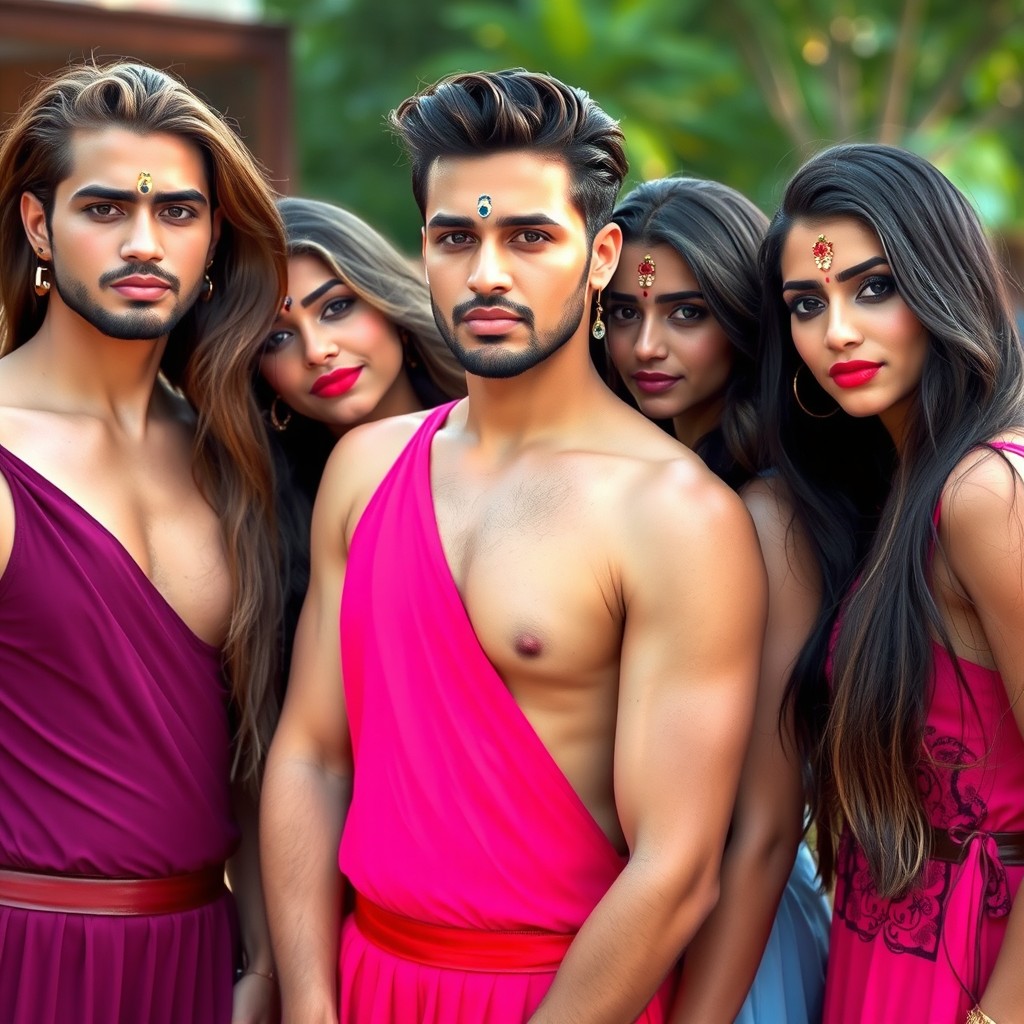 A group of stylish men with long flowing hair, dressed in elegant girls' dresses