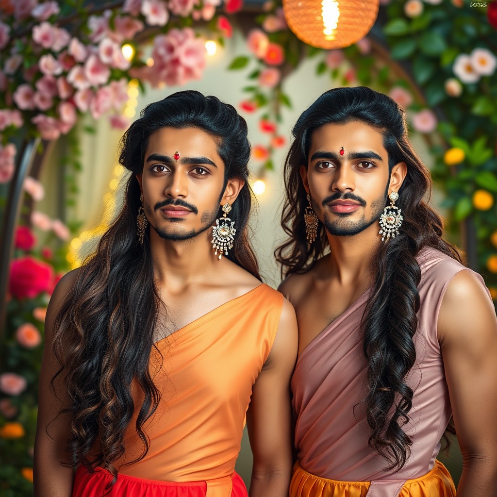 Two men with long, flowing hair, dressed in elegant, colorful girls' dresses