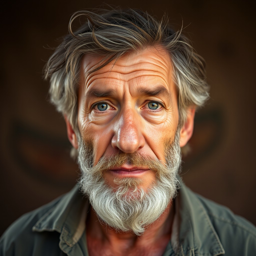 A portrait of a middle-aged man, around 50 years old, with a long nose and an unkempt appearance