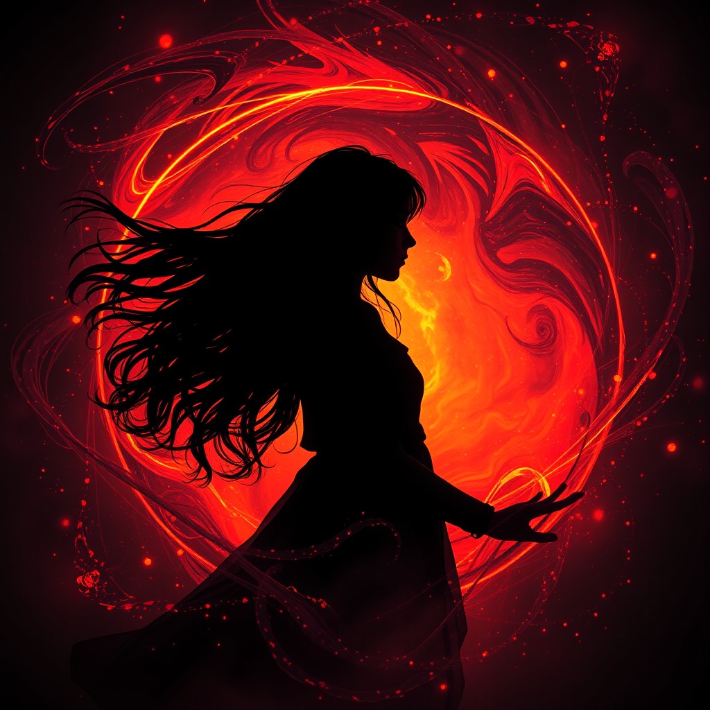 In a sphere, a captivating book cover design featuring the silhouette of a young woman, approximately 16 years old, with long flowing hair surrounded by swirling black magic illuminated with vibrant shades of orange and red
