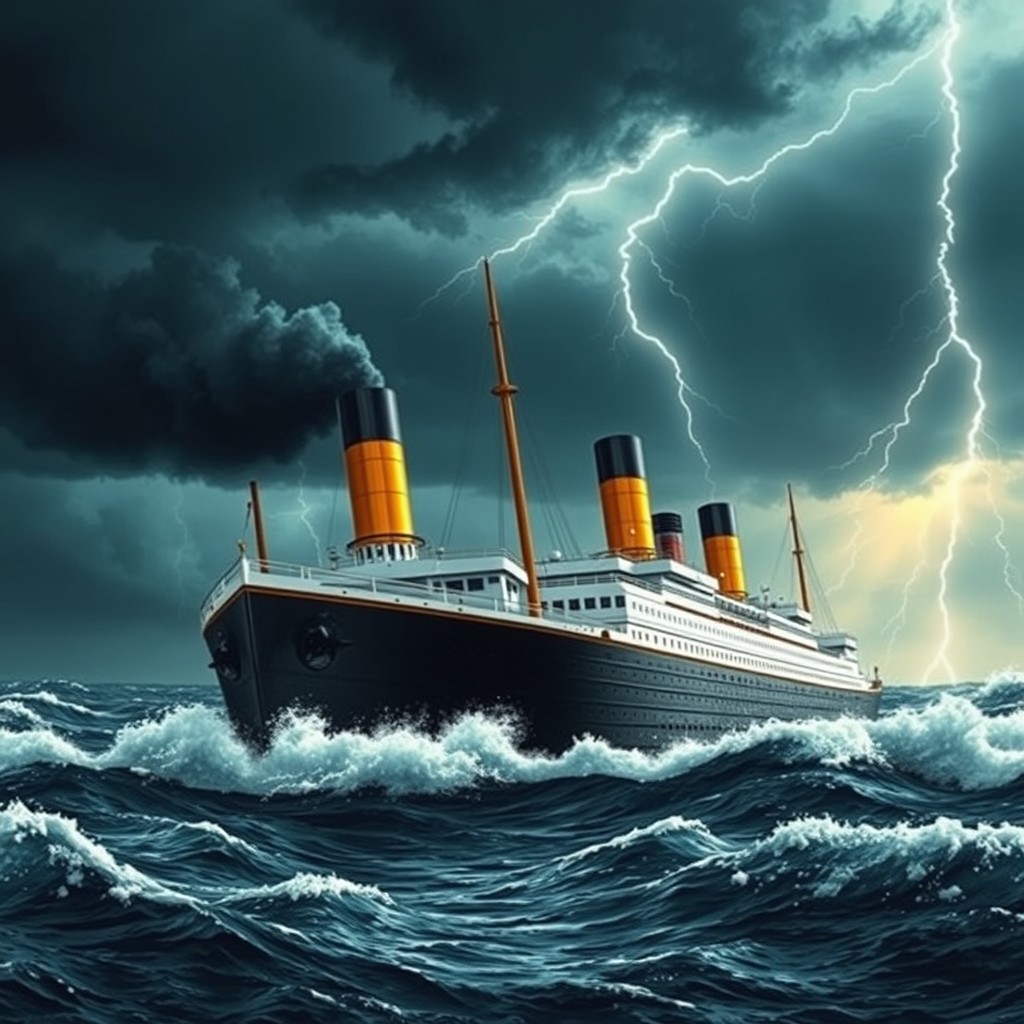 A vintage ocean liner from 1910 with two prominent yellow funnels, cutting through tumultuous ocean waves