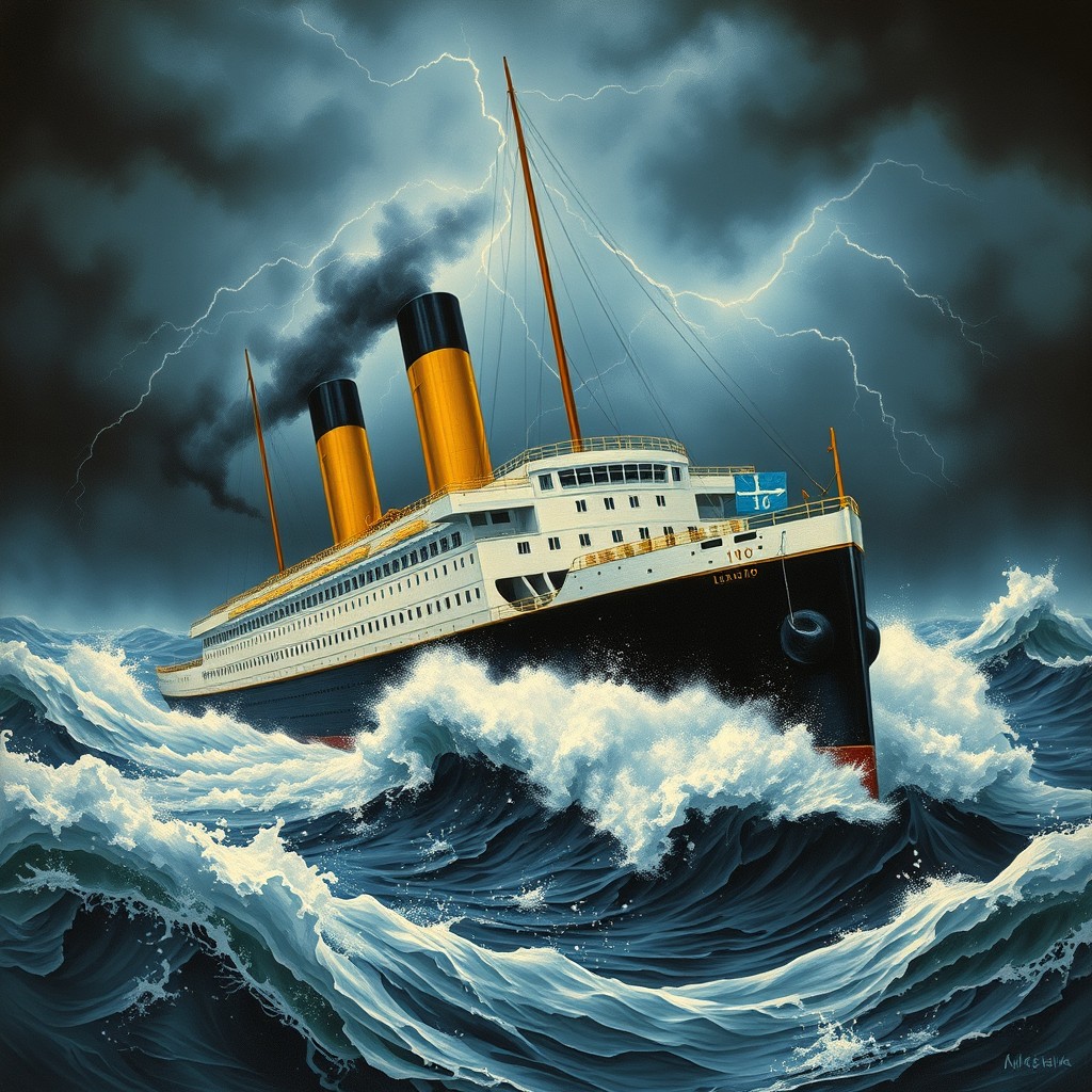 A stunning depiction of a vintage ocean liner from the year 1910, showcasing two striking yellow funnels prominently on the ship