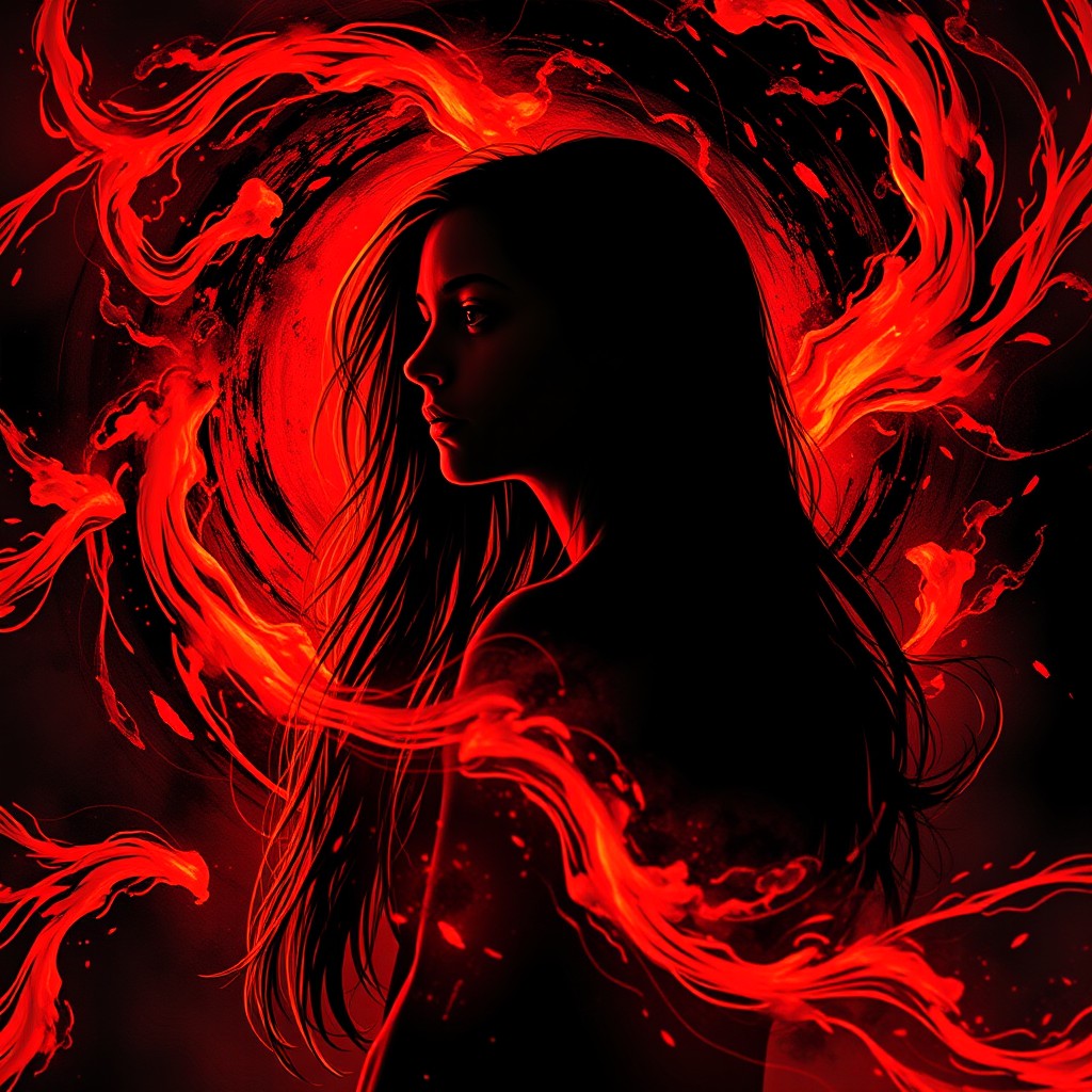 In a sphere, a comic book style cover design featuring the silhouette of a young woman, around 16 years old, with long hair, surrounded by swirling black magic in vibrant shades of orange and red