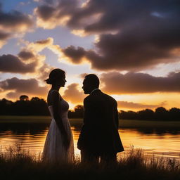 A couple in love sharing a moment in a far-off, idyllic location, framed by a dramatic sunset