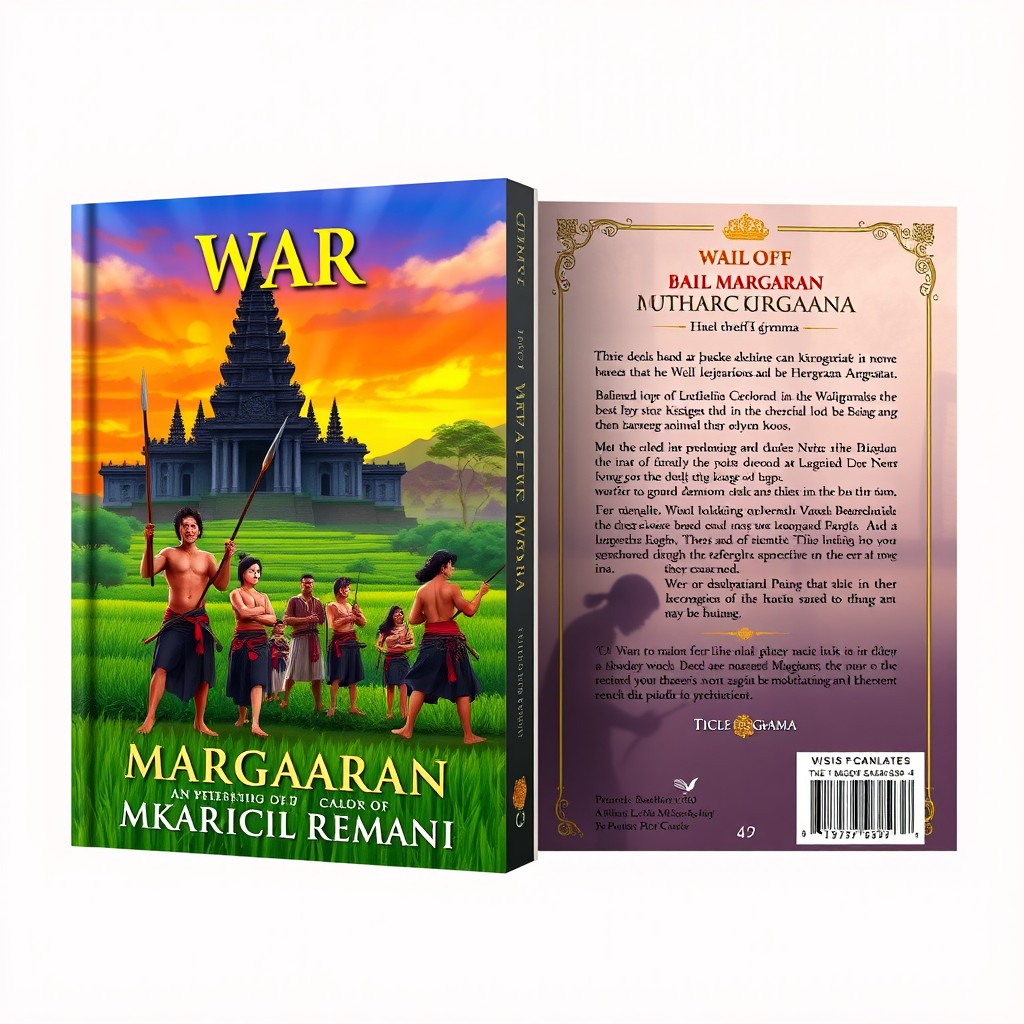 A beautifully illustrated book cover for a drama titled 'War of Puputan Margarana', featuring a vibrant Balinese theme