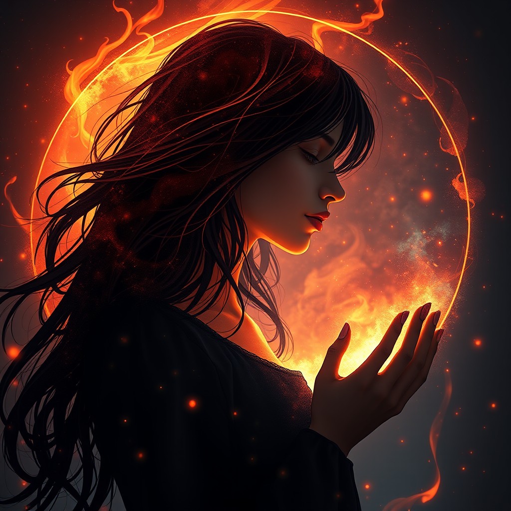 In a sphere, an enchanting book cover design featuring the silhouette of a young woman, around 16 years old, with long, flowing hair, enveloped in magical black, orange, and red hues