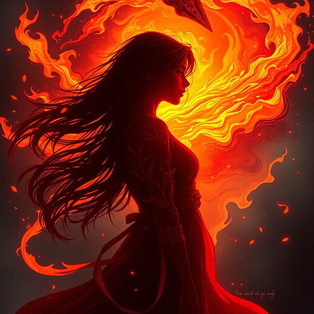 In a sphere, a stunning book cover design featuring the silhouette of a young woman, around 16 years old, with long hair flowing gracefully, surrounded by dynamic magical elements in dark, fiery shades of orange and red