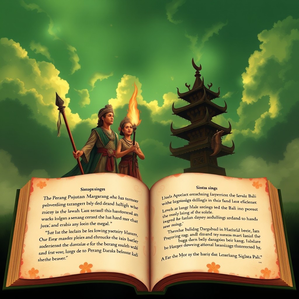 Sebuah gambar sampul buku drama yang indah untuk judul 'Perang Puputan Margarana', dengan tema Bali