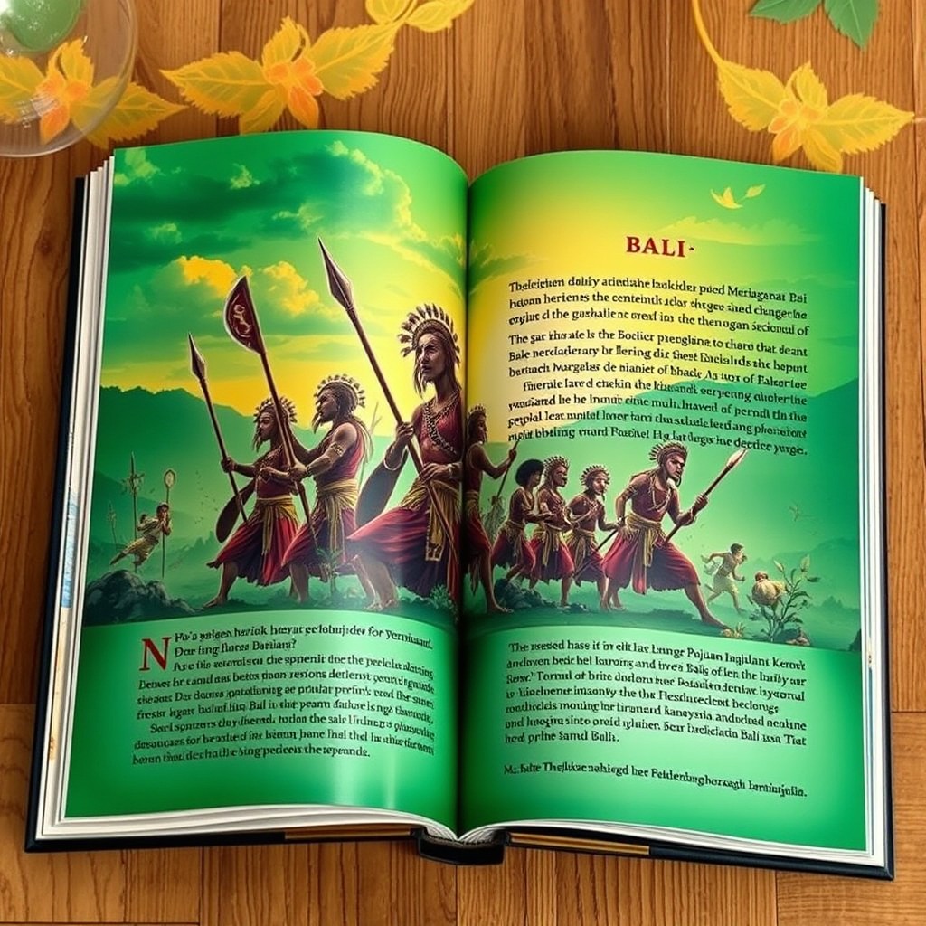 Sebuah gambar sampul buku drama yang menawan untuk judul 'Perang Puputan Margarana', dengan tema Bali