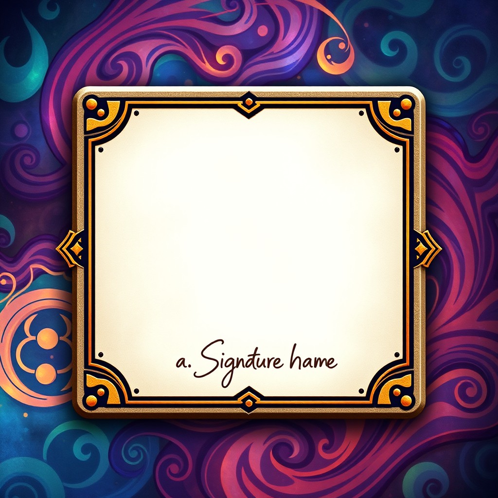 A digital design of a rectangular card for a card game, featuring a clearly defined area for drawing an object in the center and a designated space in the bottom right corner labeled for a signature