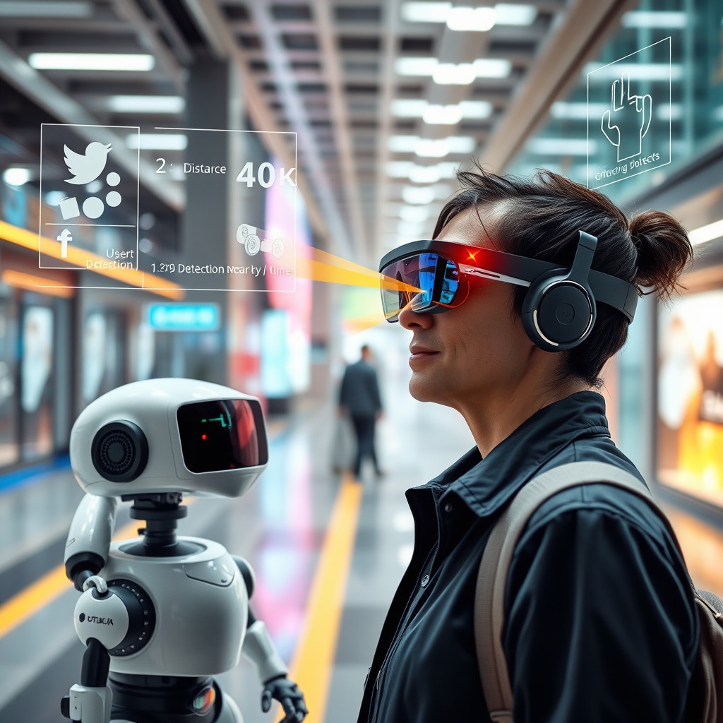 A high-tech scene showcasing advanced computer vision technology aimed at assisting visually impaired individuals