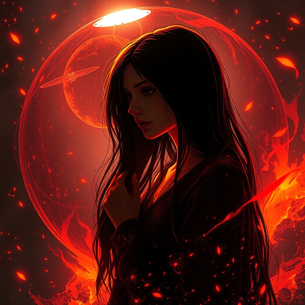 In a sphere, a captivating comic book style cover design showcasing the silhouette of a young woman, approximately 16 years old, with long hair, surrounded by magical elements in striking black, orange, and red hues