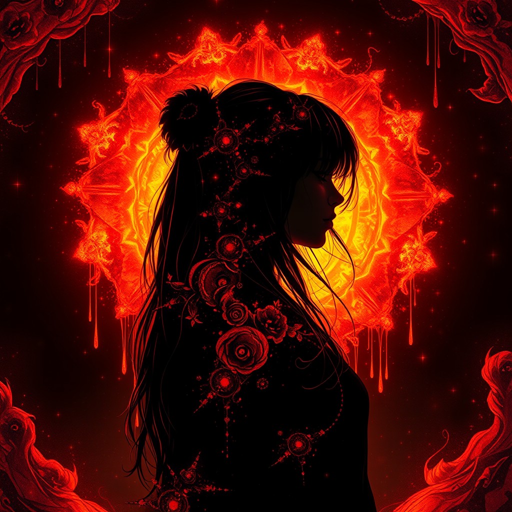 In a sphere, a captivating comic book style cover featuring the silhouette of a young woman, approximately 16 years old, with long hair, infused with striking magical elements in dark, vibrant shades of orange and red